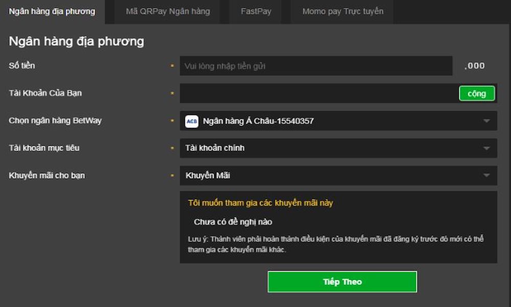 Nạp tiền Betway
